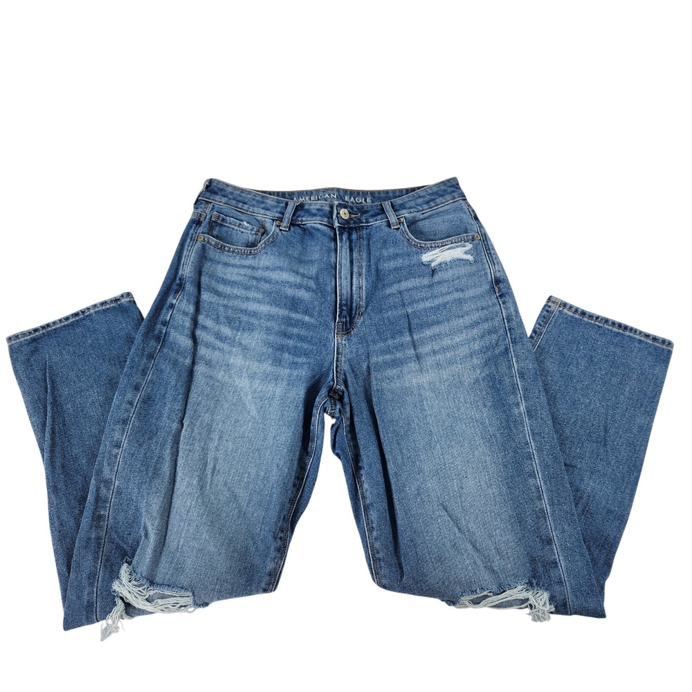American Eagle Mom Jeans Womens 10 Regular Distressed High Rise Medium Wash Blue